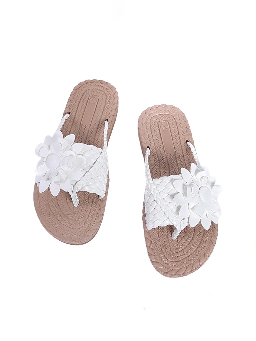 Boutique Faux Woven Leather White Floral Embellished Strap and Thong Sandals